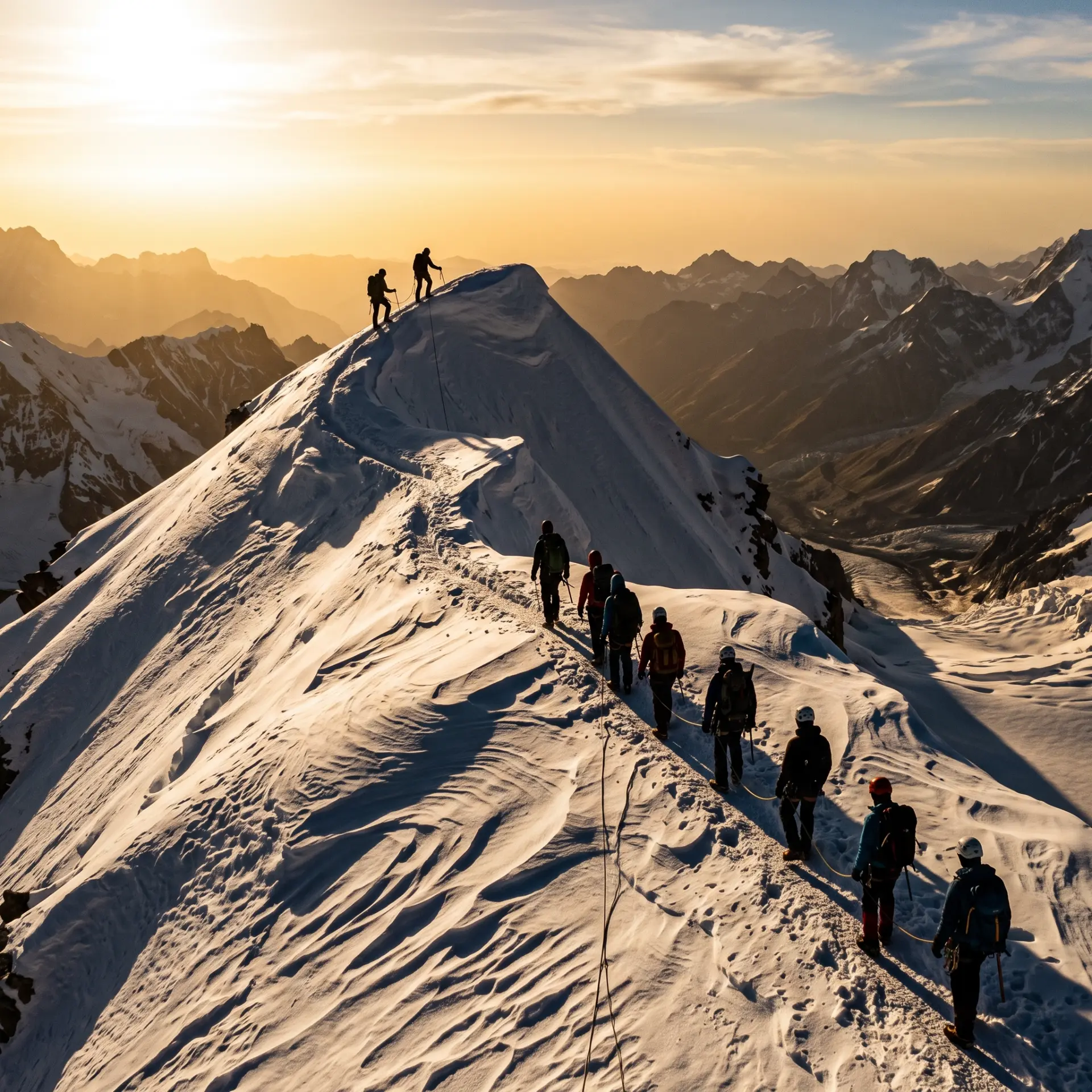 Groupe de randonneurs réuni au sommet face aux montagnes