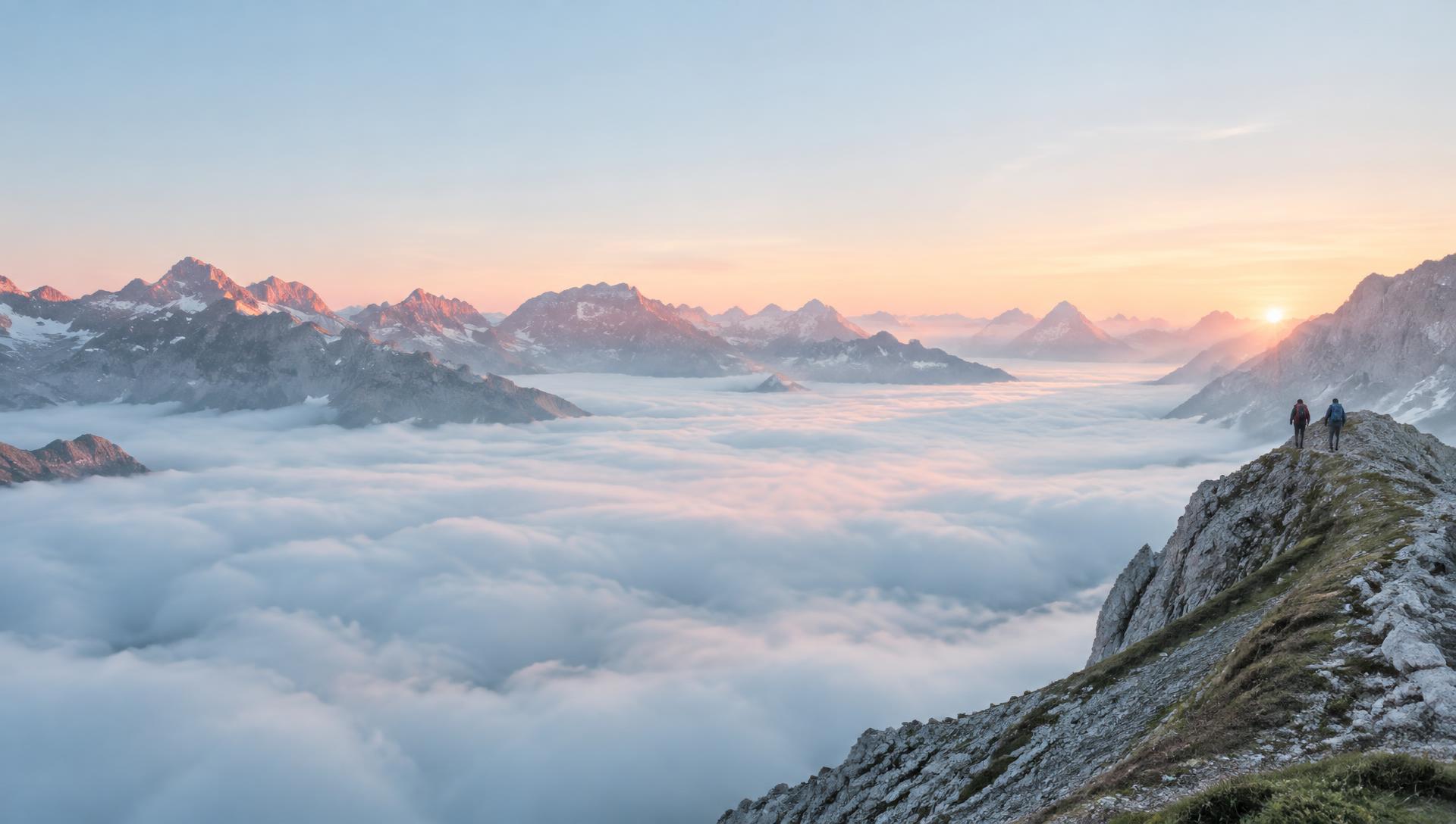 Deux randonneurs sur une crête face aux sommets et à une mer de nuages au lever du jour
